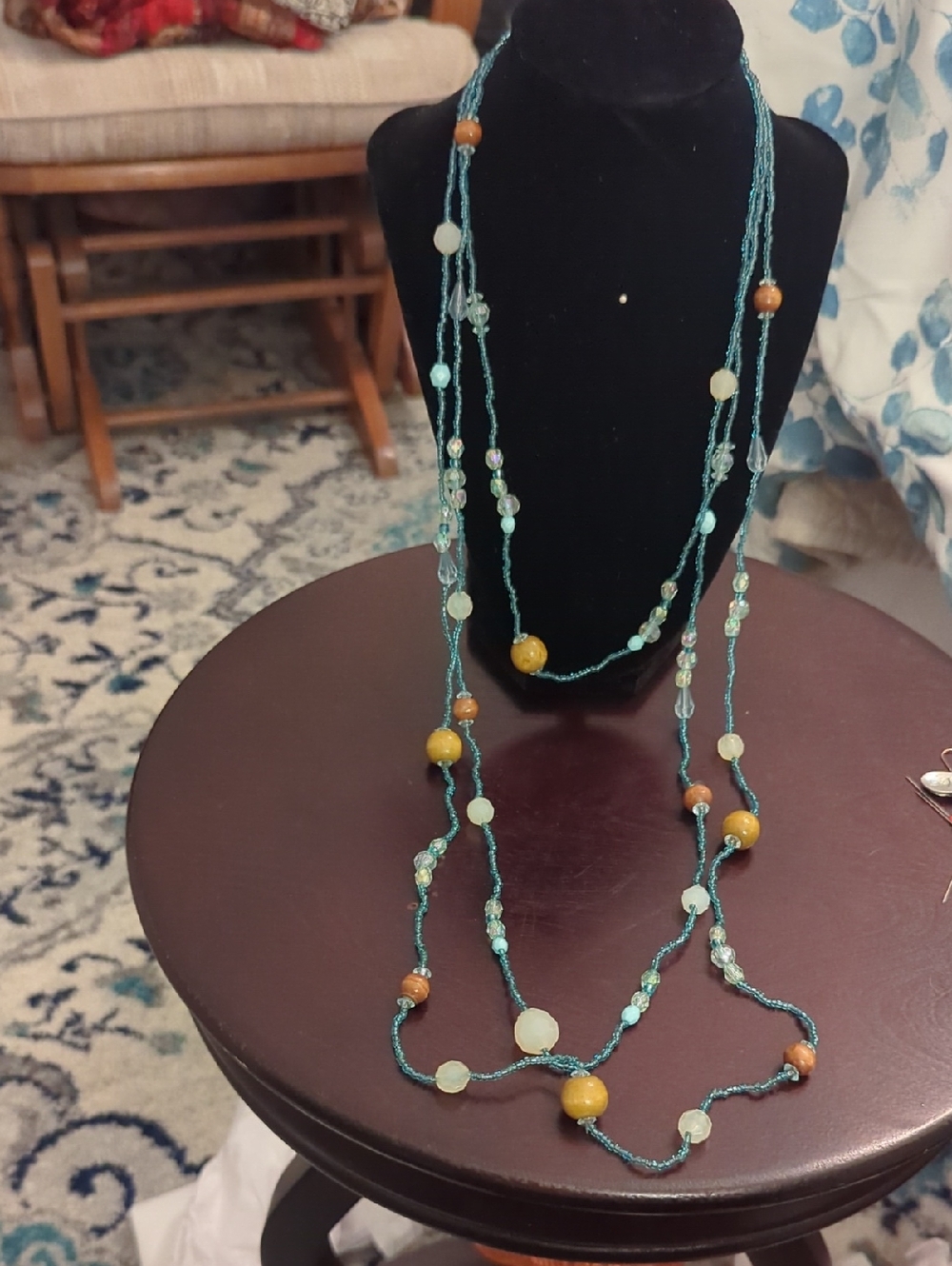Handcrafted Teal Beaded Long Necklace with Yellow Accents
